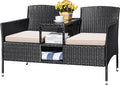 Devoko Outdoor Patio Loveseat Modern Rattan 2-Seat Patio Conversation Set with Cushions & Built-in Coffee Table Porch Furniture for Garden Lawn Backyard (Beige)