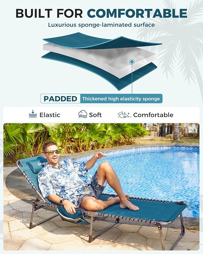 KingCamp Oversized Tanning Chair, Extra-Wide Padded Folding Chase Lounge Chairs Portable Adjustable 5-Position 400lbs Heavy Duty Lounger with Double-Layer Oxford for Outdoor Beach Patio Sun Pool
