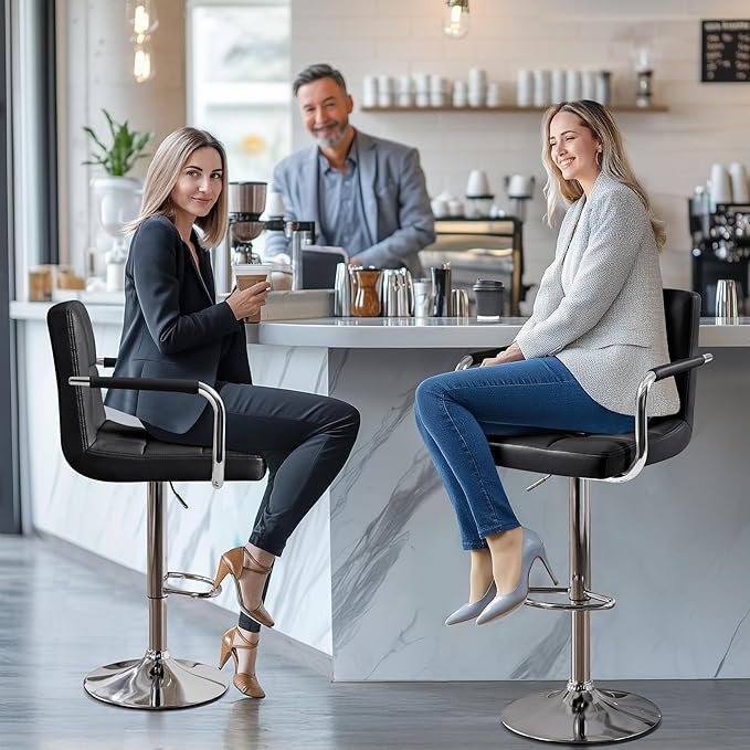Yaheetech Bart Stools Set of 4, PU Leather Adjustable Barstools with Armrest, Counter Height Stool Chairs with Thickened Seat Cushion for Kitchen Island, Black