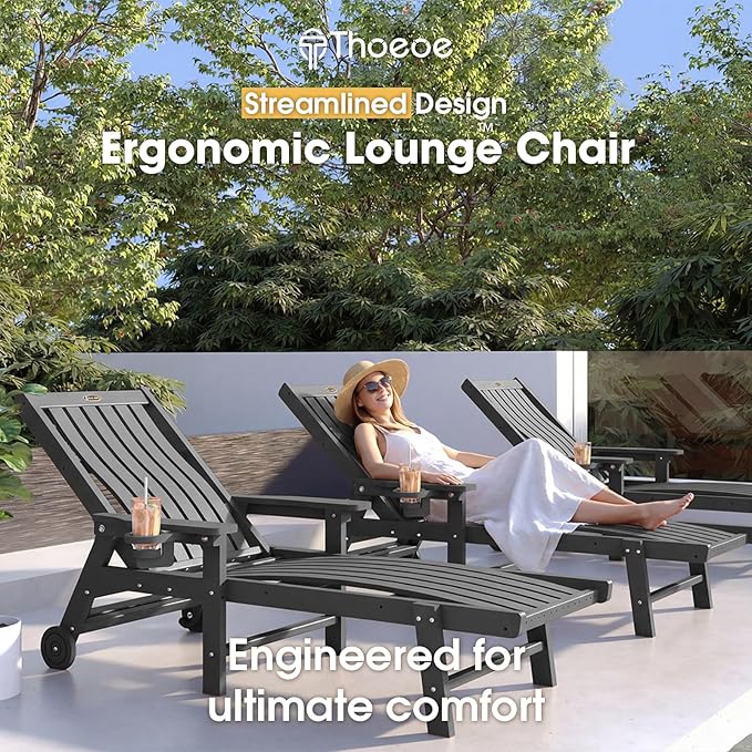 Patio Chaise Lounge Chair, Oversized Lounge Chair Outdoor with 5 Positions, HDPE, Patio Lounge Chair with Wheels & Cup Holder for Pool, Deck, Poolside,Grey