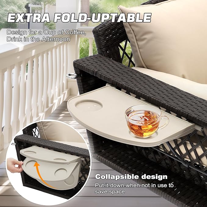 Grepatio Wicker Hanging Porch Swing - Outdoor 3 Person Patio Swing Bench with Cushion & Chains - 3-Seat Porch Swing Chair with Cup Holder for Garden, Yard, Lawn (Khaki Brown Rattan)
