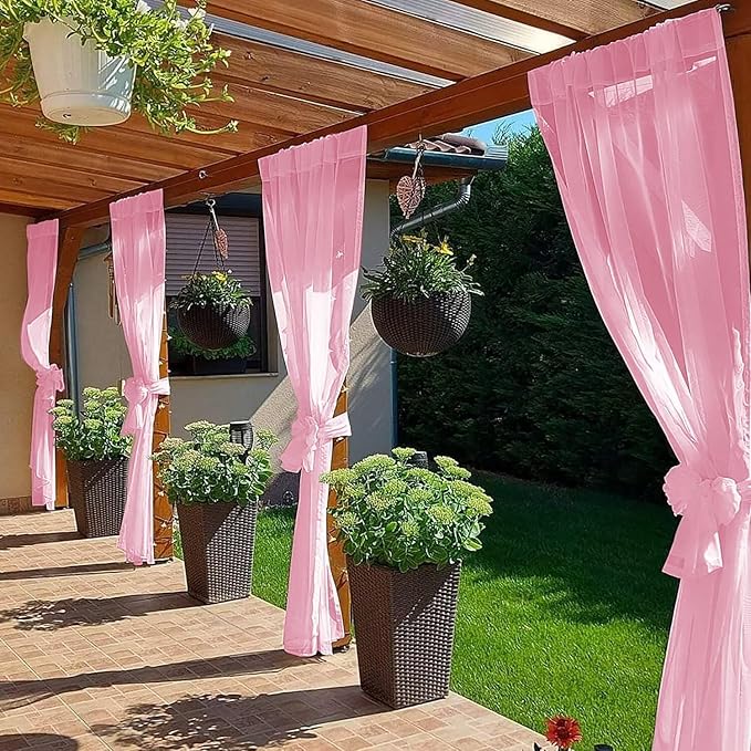 SpaceDresser Waterproof Outdoor Sheer Curtains for Patio - 4 Panels Rod Pocket Indoor Voile Sheer Curtain for Living Room,52W x 96L inch, Light Pink