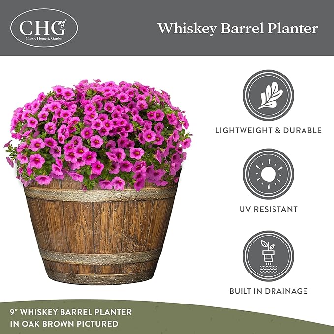 Classic Home and Garden Whiskey Plastic Resin Flower Pot Barrel Planter, Walnut Brown, 20.5" (Pack of 4)