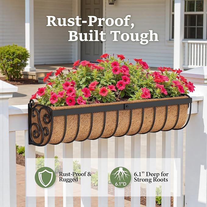 Railing Planter Boxes, 30 Inch Window Boxes Planters, Balcony Planters with Adjustable Brackets & Coco Liner & Support Rod for Outdoor Fence, Deck, Porch, and Patio Gardening, 2 Pack