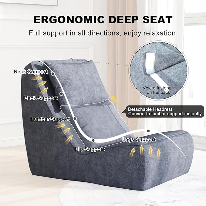 Giant Bean Bag Chair for Adults - Indoor Chaise Lounge with Neck Pillow & Ottoman, All-in-One Sponge Design, Comfy Floor Chair for Reading, Gaming, Napping, and Movies (SlateGray)