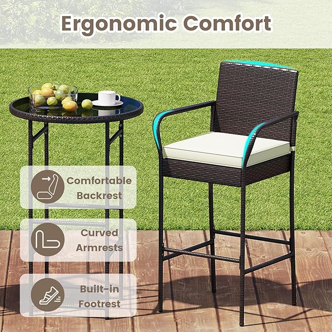 Tangkula 3 Piece Outdoor Bar Set, Patio Rattan Heavy Duty Bar Height Glass Top Table & Chairs w/ 2 Cushioned Barstools, for Porch, Yard, Poolside