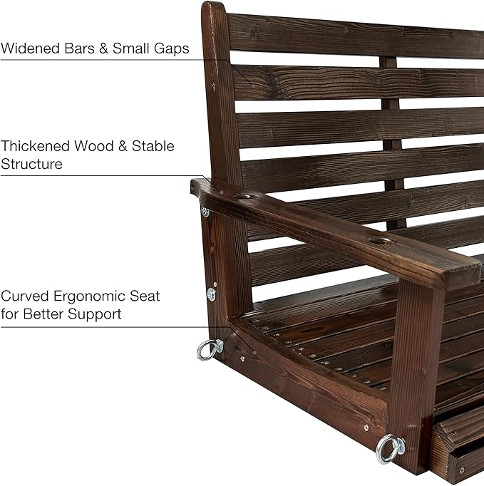 Wooden Porch Swing, Ergonomic Seat, Bench Swing with Hanging Chains and 7mm Springs, Heavy Duty 880 LBS, for Outdoor Patio Garden Yard (Dark Brown, 2-Seater Extra Large)