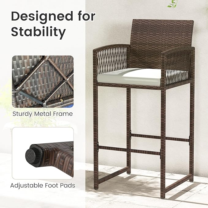 Tangkula Patio Bar Stools Set of 2, PE Rattan Bar Height Chairs with Backrests, Armrests, Footrests & Soft Cushions, Outdoor High Top Barstools with Metal Frames for Backyard (2 Pack)