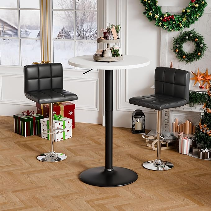Flamaker Round Bistro Pub Table 23.6 Inch Height Adjustable 360° Swivel Bar Table Metal Base for Pub, Dining Room, Party (4, White-Black)