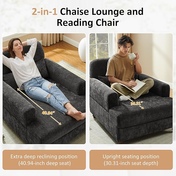 Chaise Lounge Chair Indoor with Adjustable Backrest, Oversized Accent Armchair for Living Room & Bedroom, Upholstered Mid-Century Reading Chair, Comfy Single Sofa Chair, Modern Living Room Chair