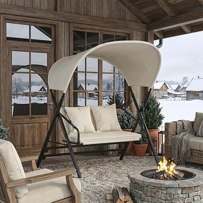 AECOJOY 2 Seat Outdoor Patio Swing Chair with Cover, Porch Swings Chairs for Adult, Outside Metal Steel Frame Patio Swing Bench, Beige