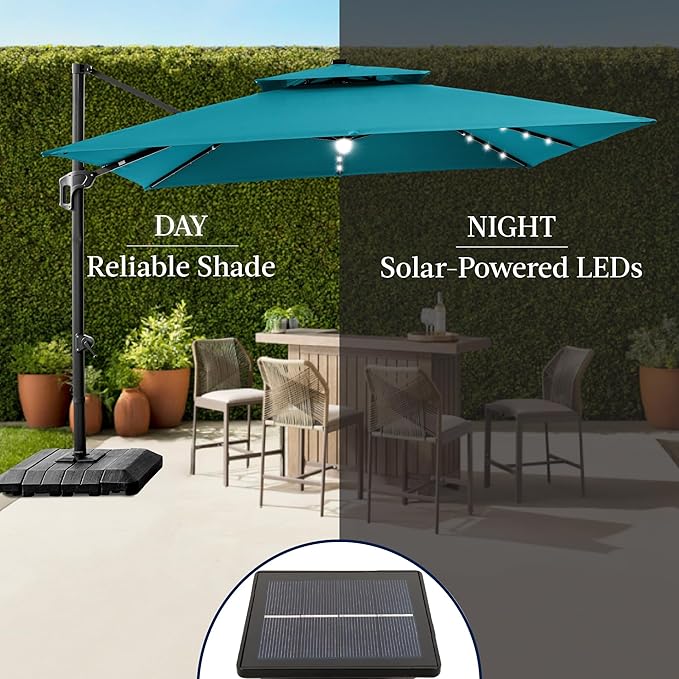 Best Choice Products 12x12ft LED Cantilever Patio Umbrella w/Base Included & 360° Rotation, Large Solar Offset Hanging Outdoor Sun Shade for Deck, Backyard Table w/Stand & Lights – Cerulean