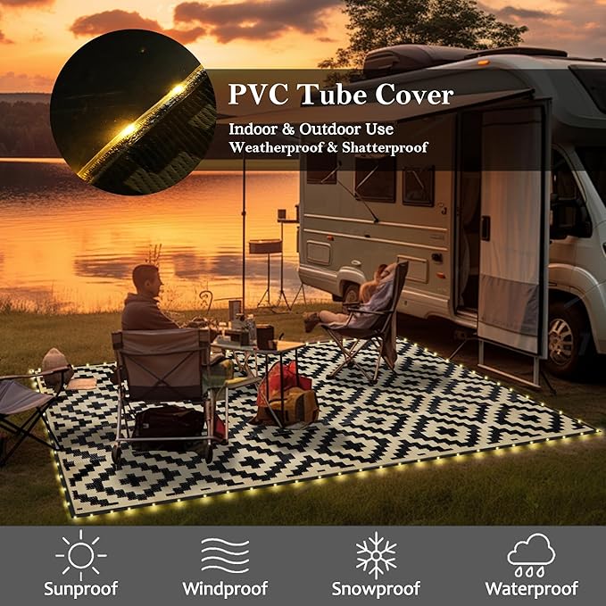 SAND MINE Reversible Mats with Led Strip Lights, Plastic Straw Rug, Modern Area Rug, Large Floor Mat for Outdoors, Patio, Backyard, Deck, Picnic, Camping, Black & Beige, 5' x 8'