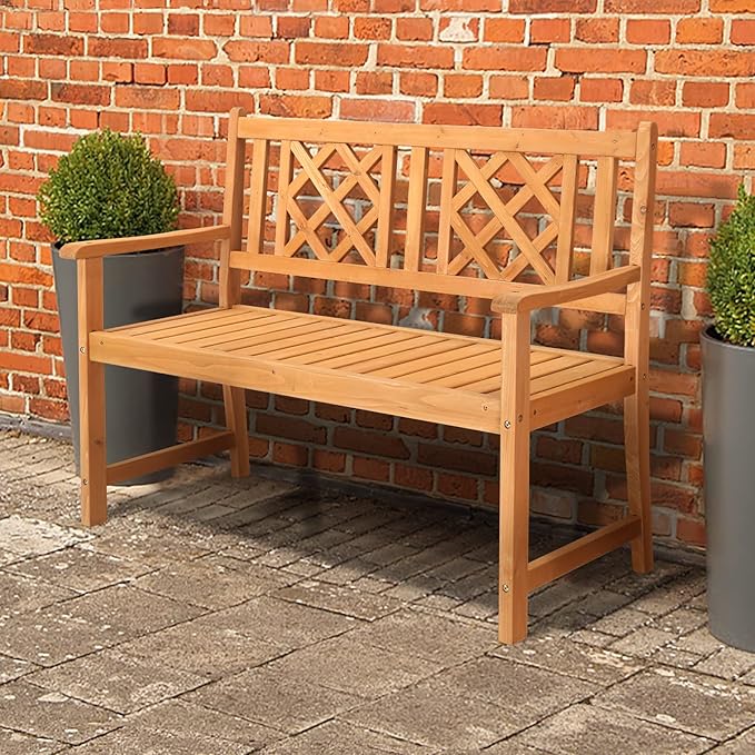 Outvita Wooden Garden Bench, Outdoor Wood Patio Bench, Rustic Two Person Loveseat Chair w/Armrest for Porch Poolside Park Backyard Balcony, Capacity 605Lbs, Grid Backrest
