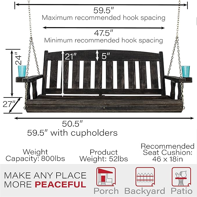 Amish Casual Heavy Duty 800 Lb Mission Treated Porch Swing with Hanging Chains and Cupholders (4 Foot, Semi-Solid Black Stain)