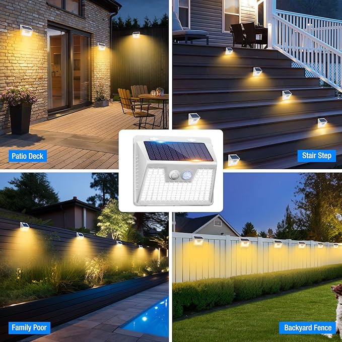 Peasur Solar Lights Outdoor Motion Sensor Waterproof, 1Pack 140LED White Solar Powered Fence Lights, 3 Modes Security Wall Lights for Garden Yard Outside Warm