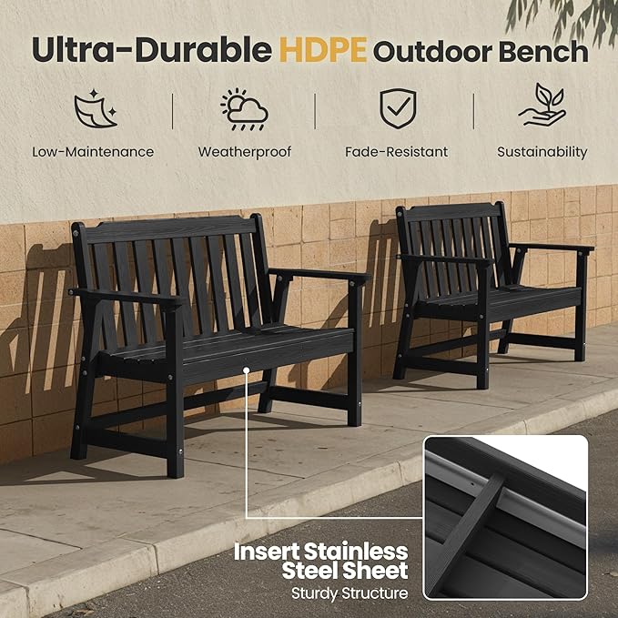 Ciokea 49" Heavy Duty Outdoor Bench, HDPE Weatherproof Porch Benches, Durable 2-Person Garden Benches with 660 Lbs, Waterproof Patio Bench for Outside Balcony Deck Backyard, Black