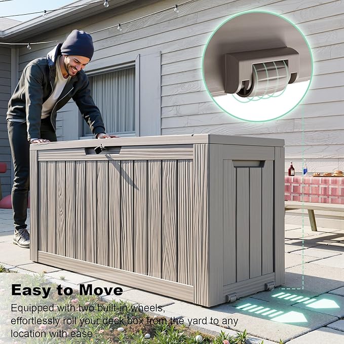76 Gallon Outdoor Deck Box, Lockable Waterproof Outdoor Storage Boxes For Garden Tools,Indoor Cushions,Accessories Outside Storage Resin Weatherproof Container(Grey)