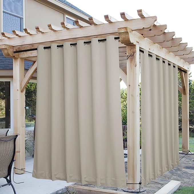 NICETOWN 2 Panels Outdoor Curtains for Patio Extra Wide 84", Waterproof & Windproof Grommet & Back Tab Fixed Top and Bottom Sun Blocking Privacy Drapes with Rope for Gazebo, Natural, W84 x L84
