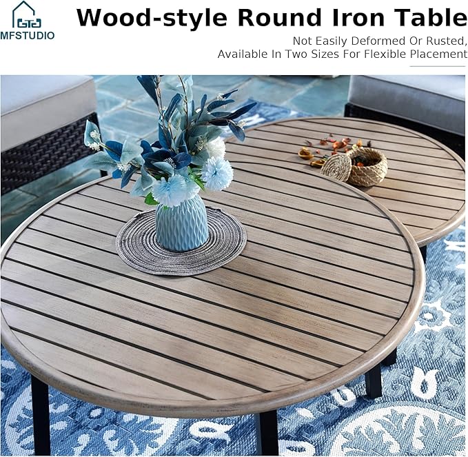 MFSTUDIO Patio Furniture Set, 8 Seats Half-Moon Curved Outdoor Sectional Sofa Conversation Set with 2 Wood-Like Round Table, Woven Rattan Patio Couch for Backyard, Garden, Deck