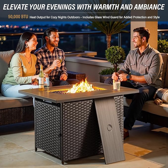 Belord 6-Piece Outdoor Sectional Furniture Set with 41” Fire Pit Table, 5-Seater Patio Furniture Set with Swivel Glider Chairs & Storage Box, 50000 BTU Propane Fire Pit Table, All-Weather PE Wicker