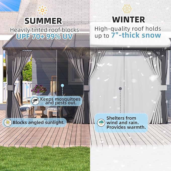 AECOJOY 14' x 8' Gazebo Outdoor Pergola, Hard Top Lean to 8x14 Gazebo with Curtains and Netting, Pergolas and Gazebos Clearance with Patio Roof, Large Wall-Mounted Heavy Duty Awnings for Patio, Decks