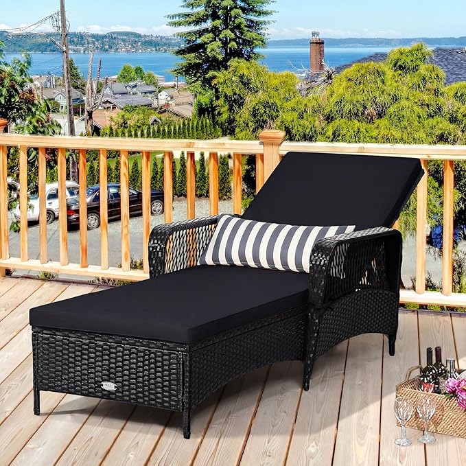 Tangkula Wicker Chaise Lounge Outdoor, Patio Rattan Reclining Chaise with 6-Gear Adjustable Backrest, Thick Padded Cushion & Removable Lumbar Pillow, Pool Lounge Chairs (1, Black + Black)