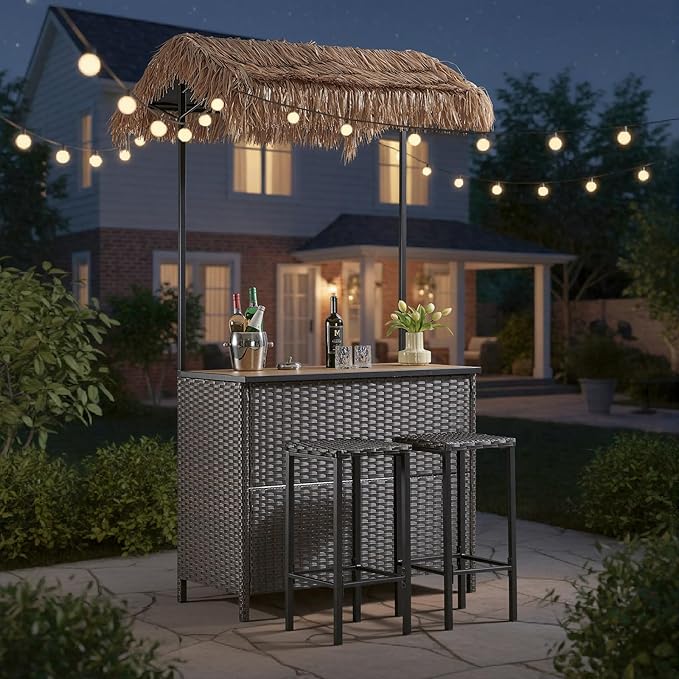 Outdoor Tiki Bar Set - 3 Pieces Wicker Patio Bar Height Set with Palapa Top and 2 Stools, All-Weather Patio Bar Set with Storage Shelves & Wine Glass Rack for Garden Patio Backyard Brown
