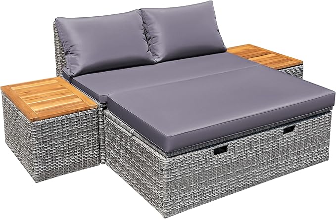 Devoko Patio Day Bed with 2 Side Tables Outdoor Daybed Set MultifunctionalRattan Lounge Bed for Backyard Porch Poolside Lawn Beach (Gray)