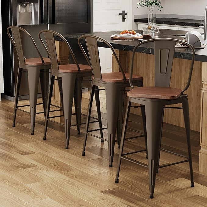 Alunaune 26" Swivel Metal Counter Height Bar Stools Set of 4 High Back Industrial Bar Chairs Kitchen Barstools with Large Wooden Seat-Rusty