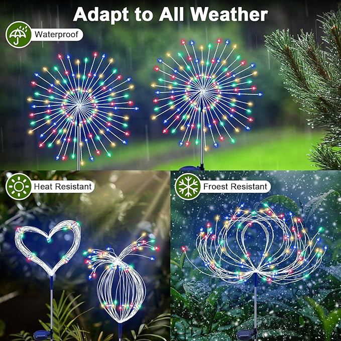 Solar Garden Lights Outdoor, 2 Pack 120 LED Twinkling Firework Lights Decorative with 2 Modes, Outdoor Waterproof Solar Starburst Light for Outside Yard Pathway Garden Decor, Multicolor