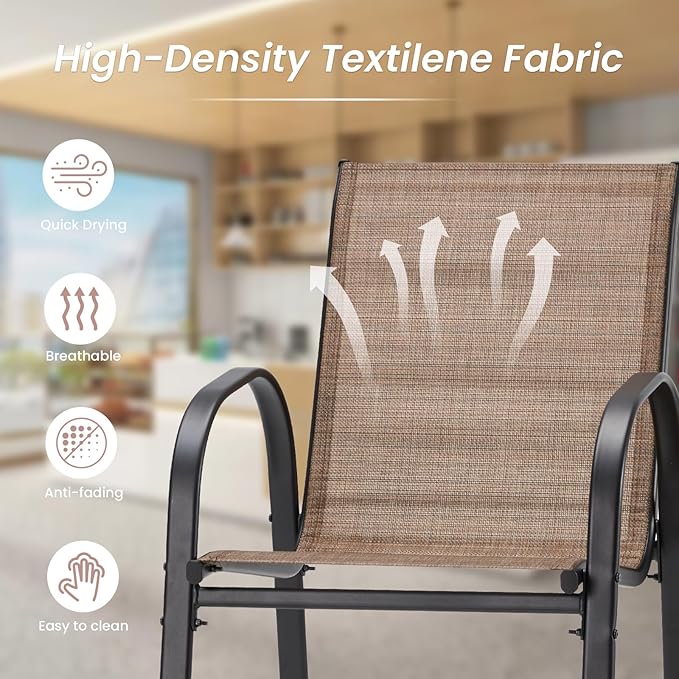 HOMREST Outdoor Bar Height Stools Set of 4,High Back Patio Chairs with Armrests,Textilene Chairs with Breathable Fabric & Metal Frame for All Weather,Brown