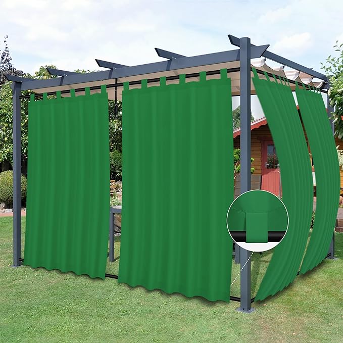 Easy-Going Outdoor Patio Curtains Detachable Tab Top Windproof Weatherproof Curtain for Cabana, Porch, Pergola and Gazebo, Tab Bottom Drape, 2 Panels, 54W x 120L inch, Green