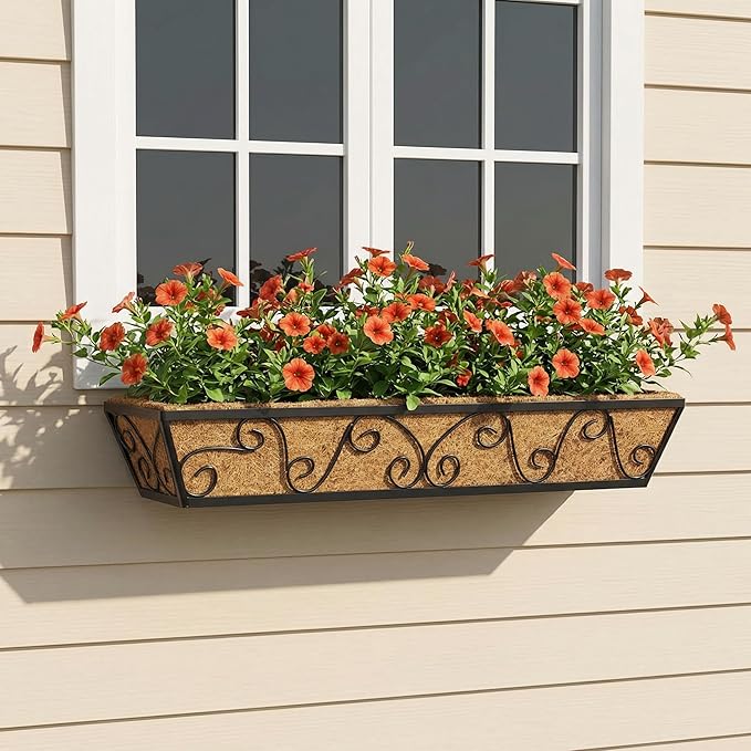 Y&M 30 Inch Butterfly Window Deck with Coco Liner, Fence Metal Hanging Flower Planter Window Basket Deck Railing Planter Boxes for Outdoor Garden Lawn 6pcs