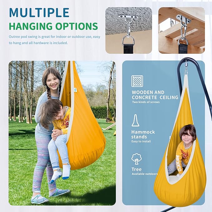 OUTREE Kids Pod Swing Seat, Cotton Child Hammock Swing Chair, Sensory Swing for Indoor and Outdoor Use, Yellow and White