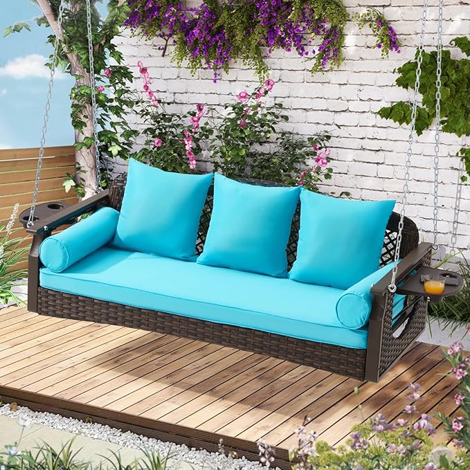 3 Seat Porch Swing, Wicker Patio Swing with Cup Holders & 3 Back Cushions, Yard Swing with Chains for Deck Garden Backyard,Brown Rattan, Lake Blue Cushion, 56-inch
