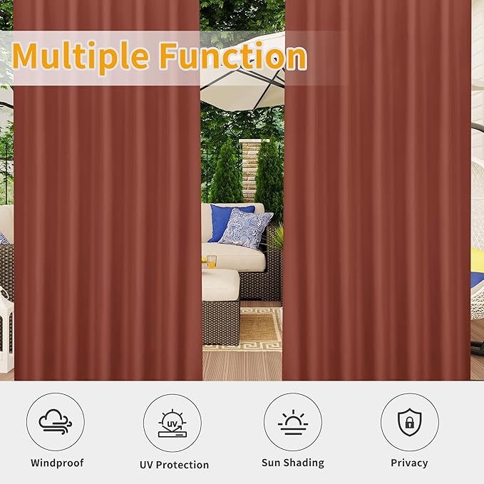 Easy-Going Outdoor Patio Curtains Detachable Tab Top Windproof Weatherproof Curtain for Cabana, Porch, Pergola and Gazebo, Tab Bottom Drape, 2 Panels, 54W x 84L inch, Terra Red