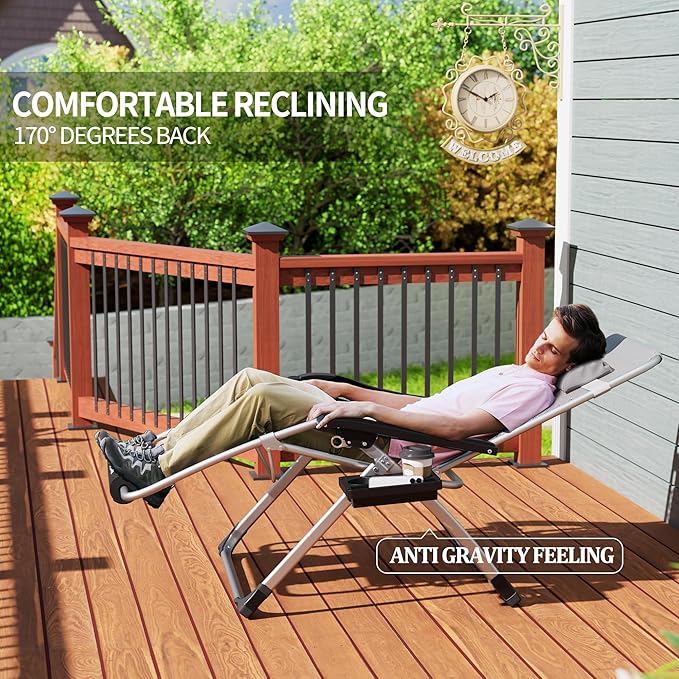 UDPATIO Oversized Zero Gravity Chair 33In XXL Lounge Chair with Removable Cushion |Pillows, Outdoor Folding Reclining with |Cup Holder |Foot Rest |Lock,Reclining Patio Chairs Grey, Support 500LB