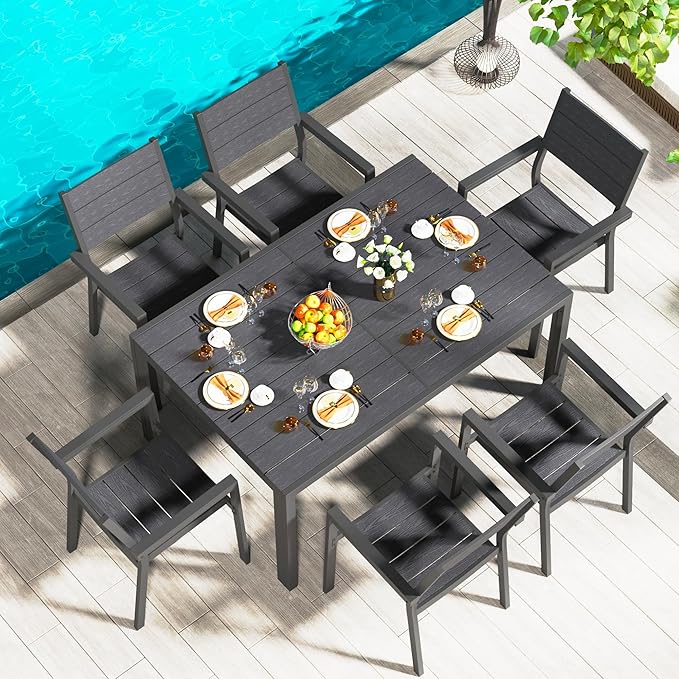 AECOJOY 7 Piece Outdoor Dining Set, 60" x 36" Aluminum Patio Table and Chairs Set for 6 with Rectangular Table and Stackable Chairs for Garden, Backyard, Black