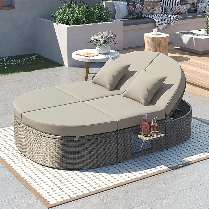 Merax Outdoor Sun Bed Patio 2-Person Daybed with Cushions and Pillows, Rattan Garden Reclining Chaise Lounge with Adjustable Backrests and Foldable Cup Trays for Lawn, Poolside, Grey