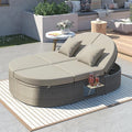 Merax Outdoor Sun Bed Patio 2-Person Daybed with Cushions and Pillows, Rattan Garden Reclining Chaise Lounge with Adjustable Backrests and Foldable Cup Trays for Lawn, Poolside, Grey
