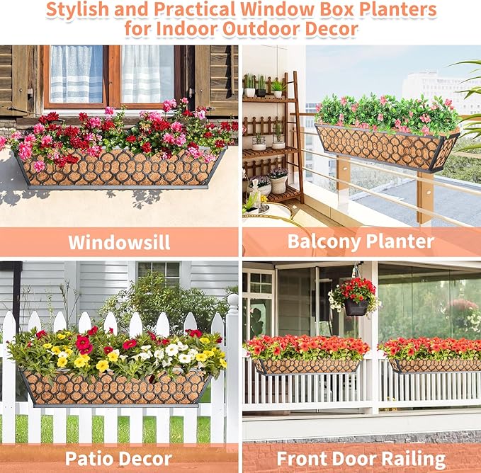 Riare 4 Pack 24 Inch Window Boxes Planters with Coco Liner, Metal Deck Railing Planter Boxes, Balcony Planters Railing Hanging, Horse Trough Window Flower Planter Boxes for Outdoor Porch Fence Patio