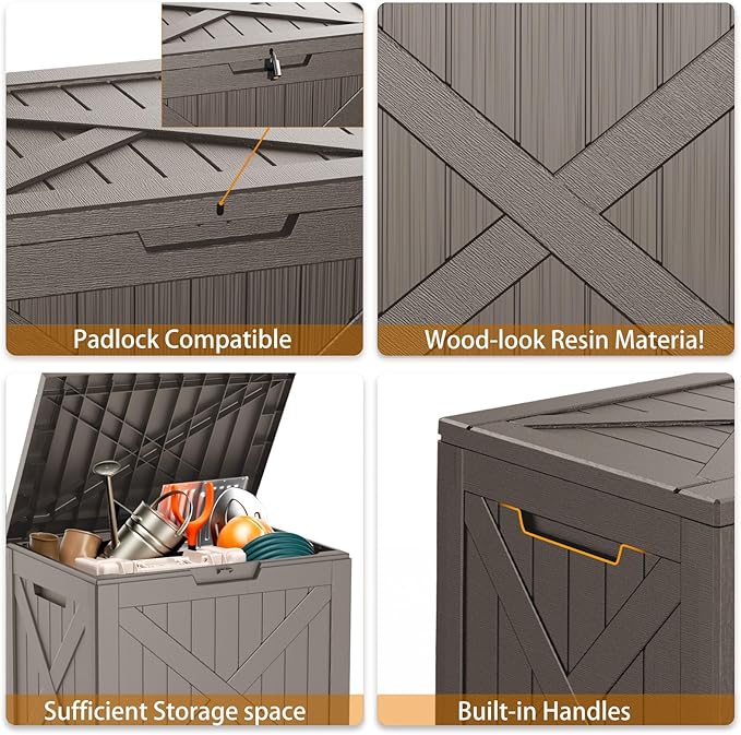 ROJIK 32 Gallon Outdoor Storage Housing Deck Box,Waterproof Patio Furniture, Garden Tools, Cushions, Pool Accessories Storage Bench with Lockable Lid and Side Handles(Grey)