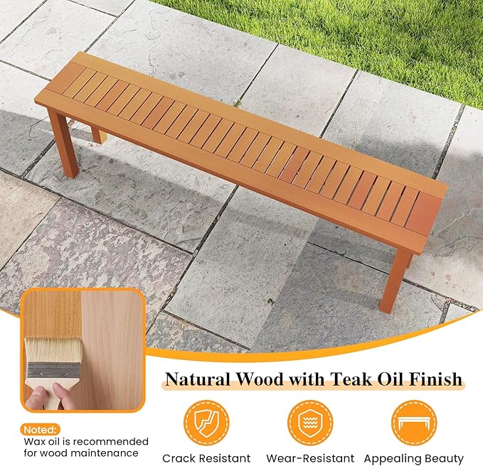 Tangkula Outdoor Wood Bench, 59” Long Patio Dining Bench, Backless Wooden Bench with Teak Oil Finish & Slat Seat, Accent Entryway Bench, Farmhouse Bench for Yard, Garden, Porch, Indoors