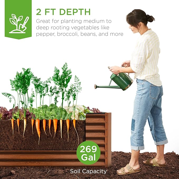 Best Choice Products 6x3x2ft Outdoor Metal Raised Garden Bed, Deep Root Box Planter for Vegetables, Flowers, Herbs, 269 Gallon Capacity, 100% Non Toxic Materials - Wood Grain