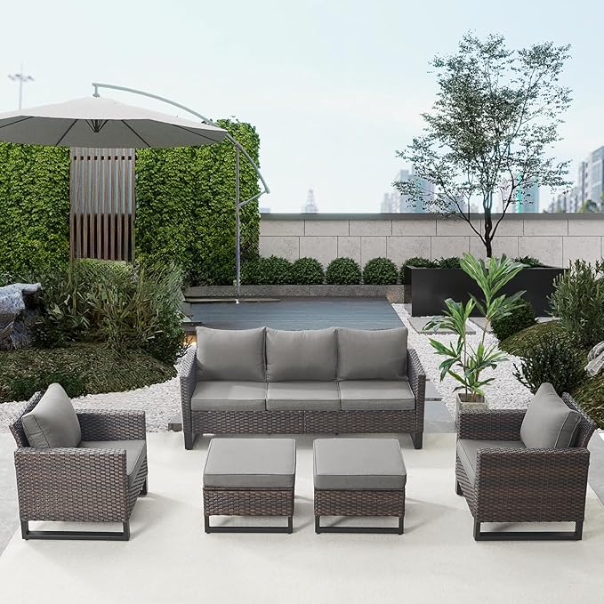 Belord Wicker Patio Furniture 5 Piece Outdoor Sofa Set, Oversize Outdoor Dining Chairs with Rattan Ottomans, Conversation Sets Patio Furniture Come with Removable Washable