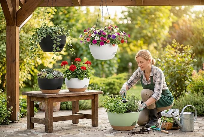 Hanging Planters 3-Pack, 8 Inch Self-Watering Hanging Pots with Drainage Hole and Chains, Plastic Planters for Indoor Outdoor（Green Brown）