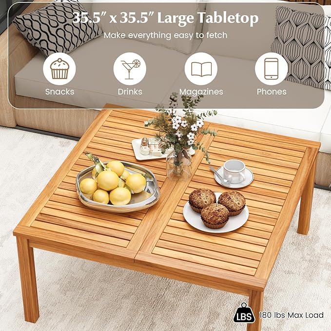 RELAX4LIFE Wood Outdoor Coffee Table - 35.5’’ Square Patio Tables w/Slatted Tabletop & Solid Legs, Patio Dining for Balcony Garden Porch Poolside Deck, Acacia Wooden Outdoor Side Table