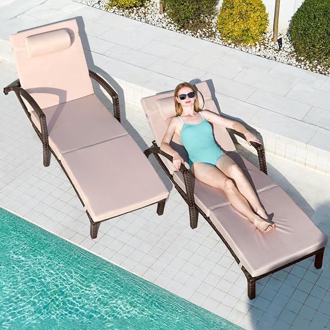 Chaise Lounge Chairs Outdoor Set of 4, Comfy Outside Wicker Patio Pool Lounge Chair w/ 5 Adjustable Back Angle, Cup Holder, Thicken Cushion