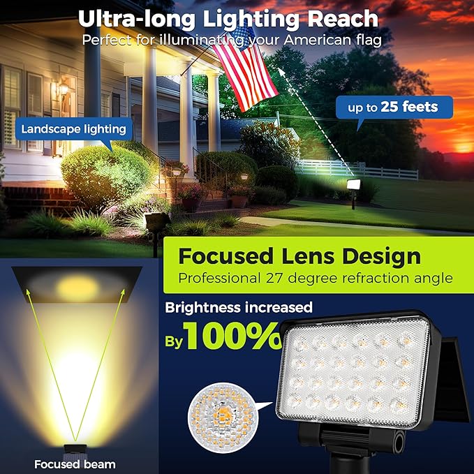 Solar Spot Lights Outdoor Waterproof for Flag, Tree, House, Garden, Yard, 3 Brightness Modes Solar Powered Landscape Spotlights 4 Pack Warm White